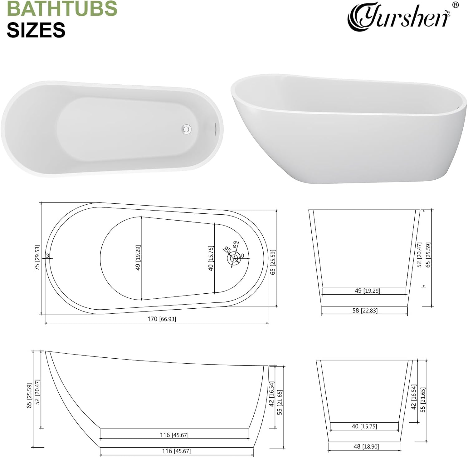 67' Freestanding White Acrylic Slipper Bathtub – Spacious Soaking Tub with Chrome Drain and Ergonomic Backrest for Luxurious Home Bathing, YSB9213