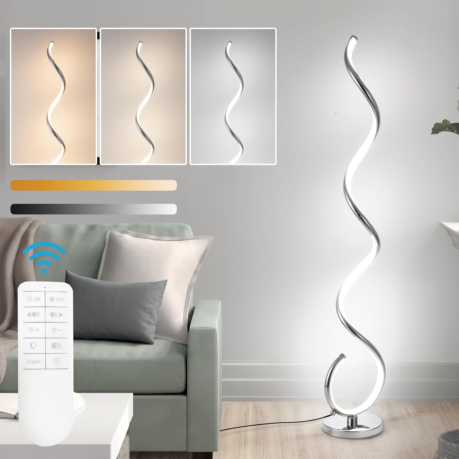 EIDISUNY Modern Floor Lamp for Living Room, 3 Color Temperature LED Spiral Floor Lamps with Remote&Foot Switch, 48W Dimmable LED Standing Lamp for Bedroom, Office