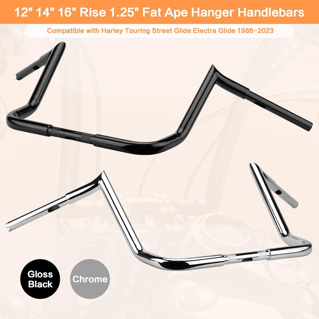 14' Rise Ape Hanger Handlebar 1.25' Fat 1' Clamp Handle bar Motorcycle Miter Meathook Bars Replacement for Harley Touring Model 1986-2023 Street Glide Electra Glide Classic Ultra Limited