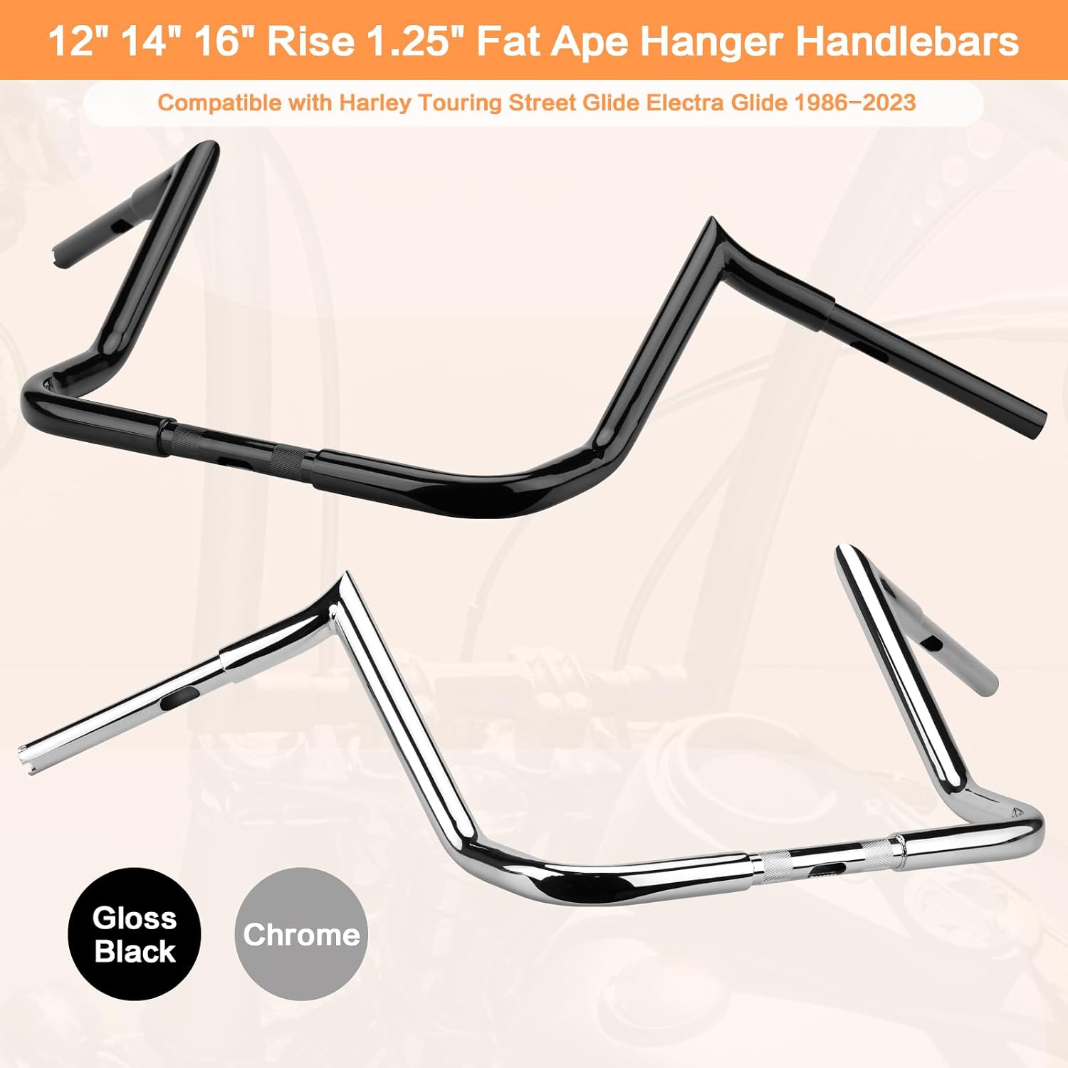 14' Rise Ape Hanger Handlebar 1.25' Fat 1' Clamp Handle bar Motorcycle Miter Meathook Bars Replacement for Harley Touring Model 1986-2023 Street Glide Electra Glide Classic Ultra Limited