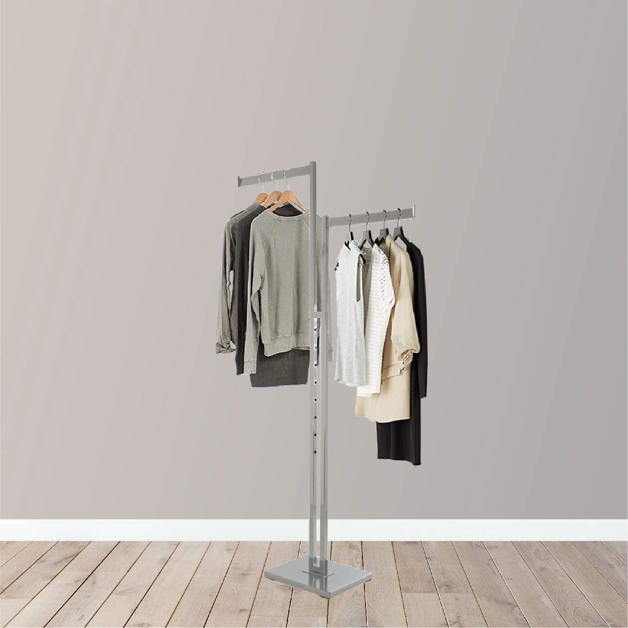 Durable Modern Design 2 Way Garment Rack – Heavy Duty Rectangular Tube Clothing Rack, Adjustable Display Fixture with Chrome Finish. Clothing and Garment Racks (Chrome)