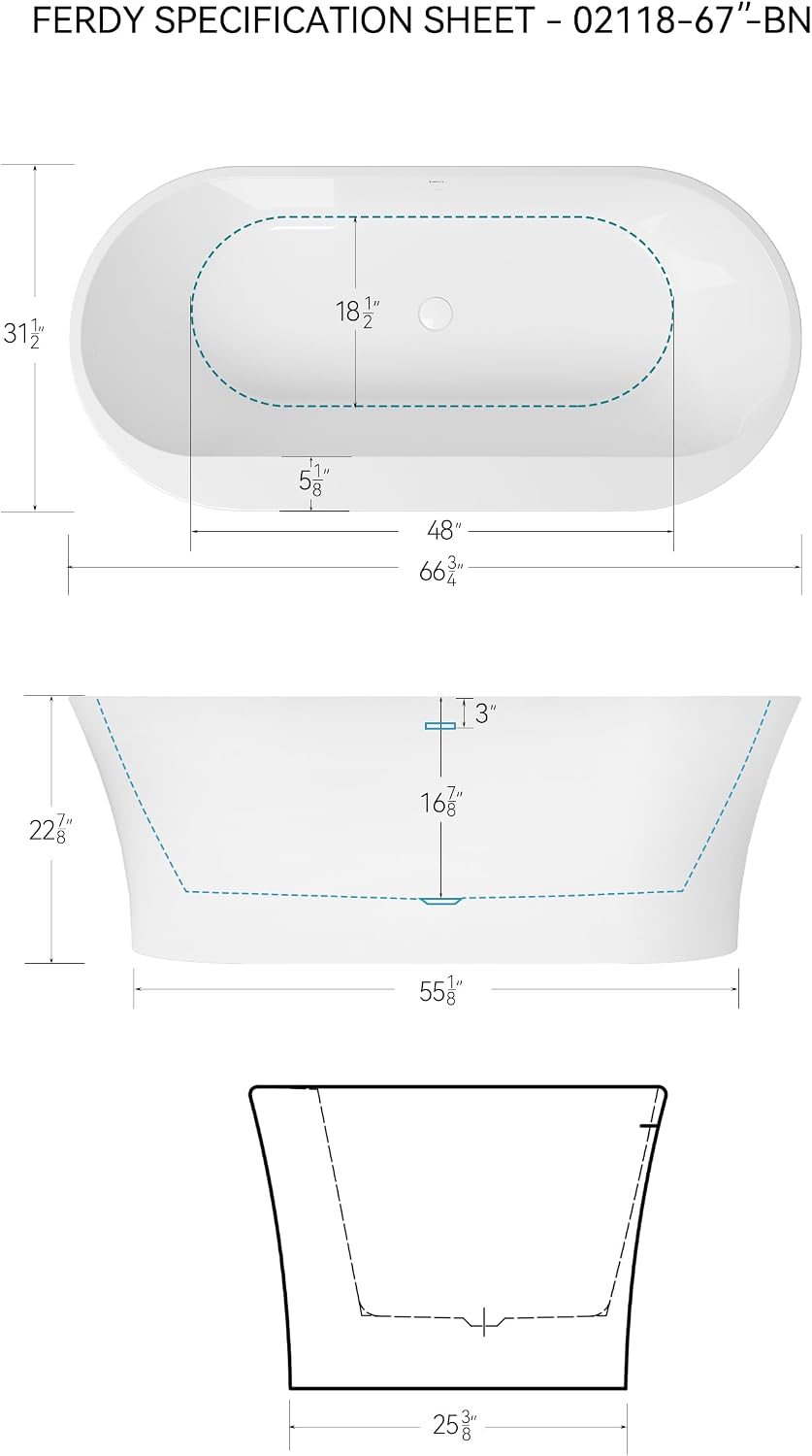FerdY Mauritius 67' Acrylic Freestanding Tub, Oval Contemporary Soaker Bath, Extra Deep Bathtub,Gloss White Drainage& Bath Pillow for Bathtub,Thick Tub Pillows, Ergonomic Support