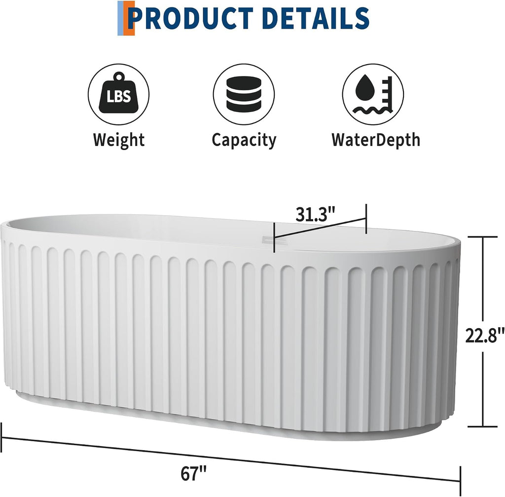 67 in Freestanding Soaking Bathtub with Striped Design, Acrylic Bathroom Tub Includes Overflow Cover Pop-Up Drain Hidden Drainage System, Easy Installation, CUPC Certified, Glossy White Finish