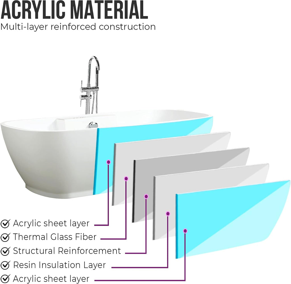 Vanity Art Freestanding White Acrylic Bathtub Modern Stand Alone Soaking Tub with Polished Chrome UPC Certified Round Overflow and Pop-up Drain (67' x 31') VA6835L