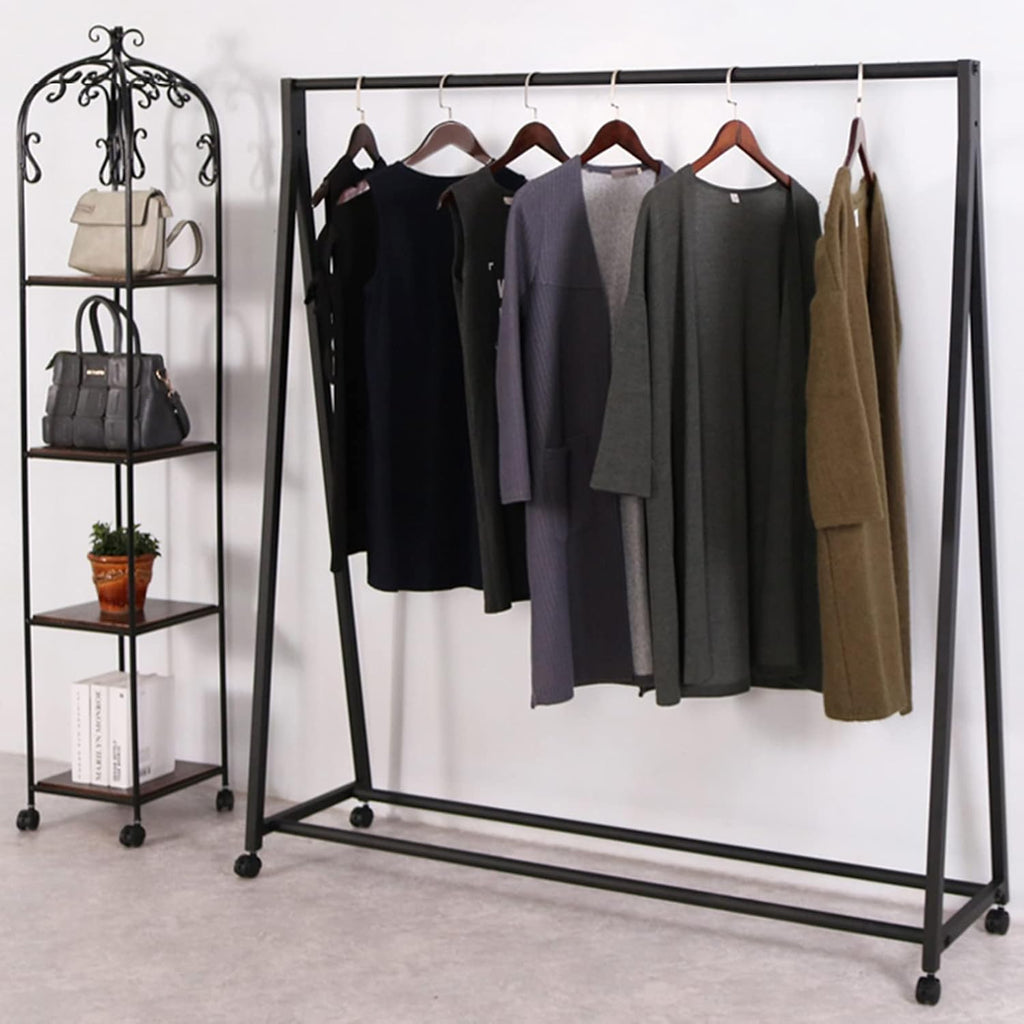 Heavy Duty Coat Rack, Garment Rack Industrial Vintage Clothes Rail with Locking Wheels Bedroom Black Metal Clothing Rack Single Rail Coat Rack for Hanging Clothes Commercial Grade (100X40X160CM)