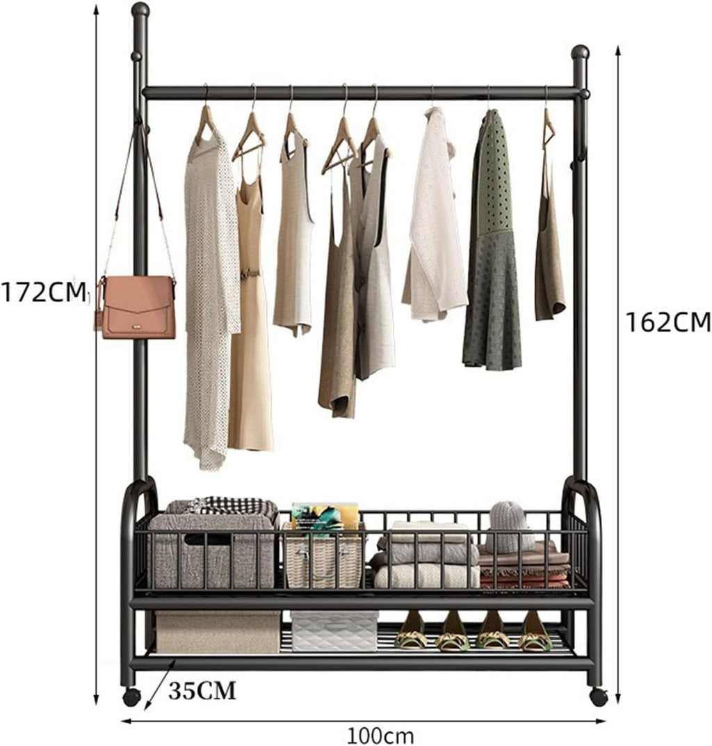 Rolling Garment Rack, Portable Closet Wardrobe with Storage Basket and 4 Hooks Clothing Rack Freestanding Closet Metal Clothing Rack for Bedroom Living Room Office Mudroom