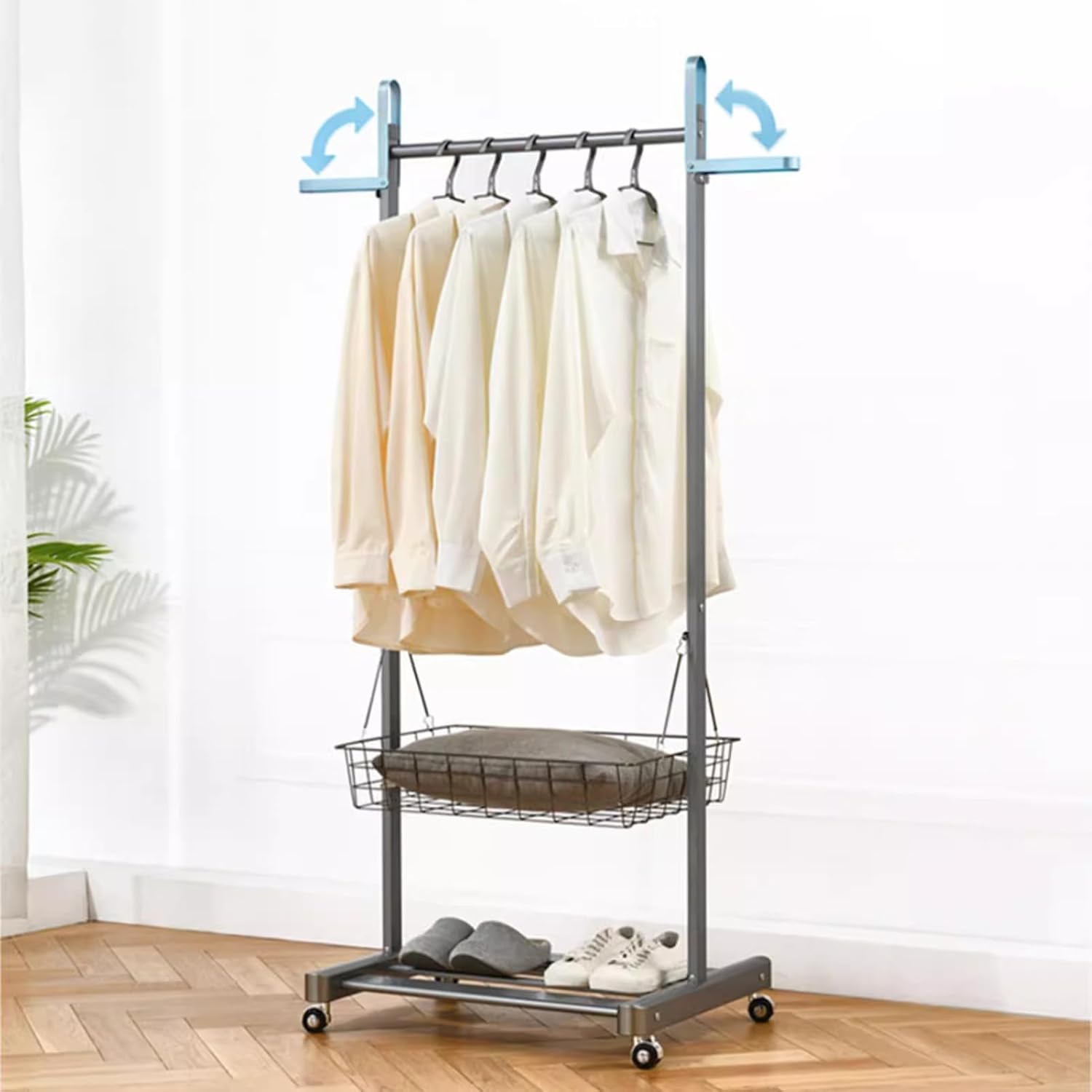 Heavy Duty Coat Rack, Garment Rack Aluminum Alloy Clothes Rail On Wheel, Multifunctional Clothing Rack with 2 Foldable Hooks, Removable Storage Basket and Shelves, Space Saving Coat Rack