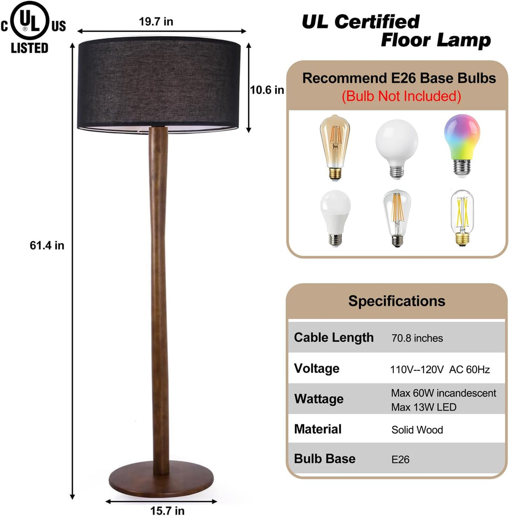 62' Tall Rustic Wood Floor Lamp for Living Room, Farmhouse Walnut Wood Floor Lamps with Linen Shade, UL Listed Standing Lamps with Wooden Base for Bedroom, Dining Room, House, Black Shade