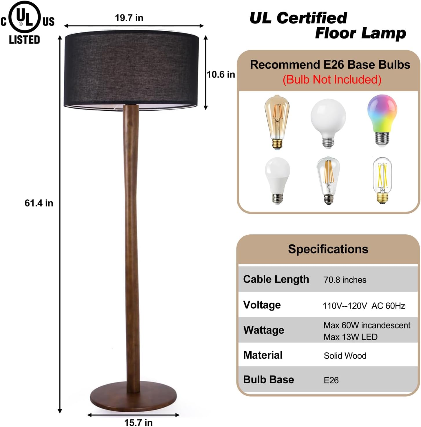 62' Tall Rustic Wood Floor Lamp for Living Room, Farmhouse Walnut Wood Floor Lamps with Linen Shade, UL Listed Standing Lamps with Wooden Base for Bedroom, Dining Room, House, Black Shade