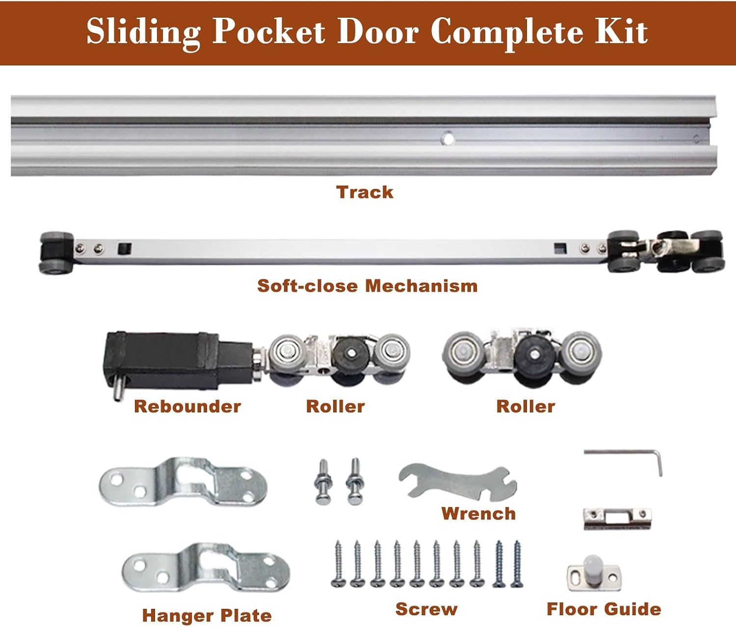 Invisible Pocket Door Hardware with Two-Way Soft Close Mechanism, Top Mount Sliding Door Track with Nylon Ball Bearing Six-Wheel, Floor Guide(182cm(71.7in))