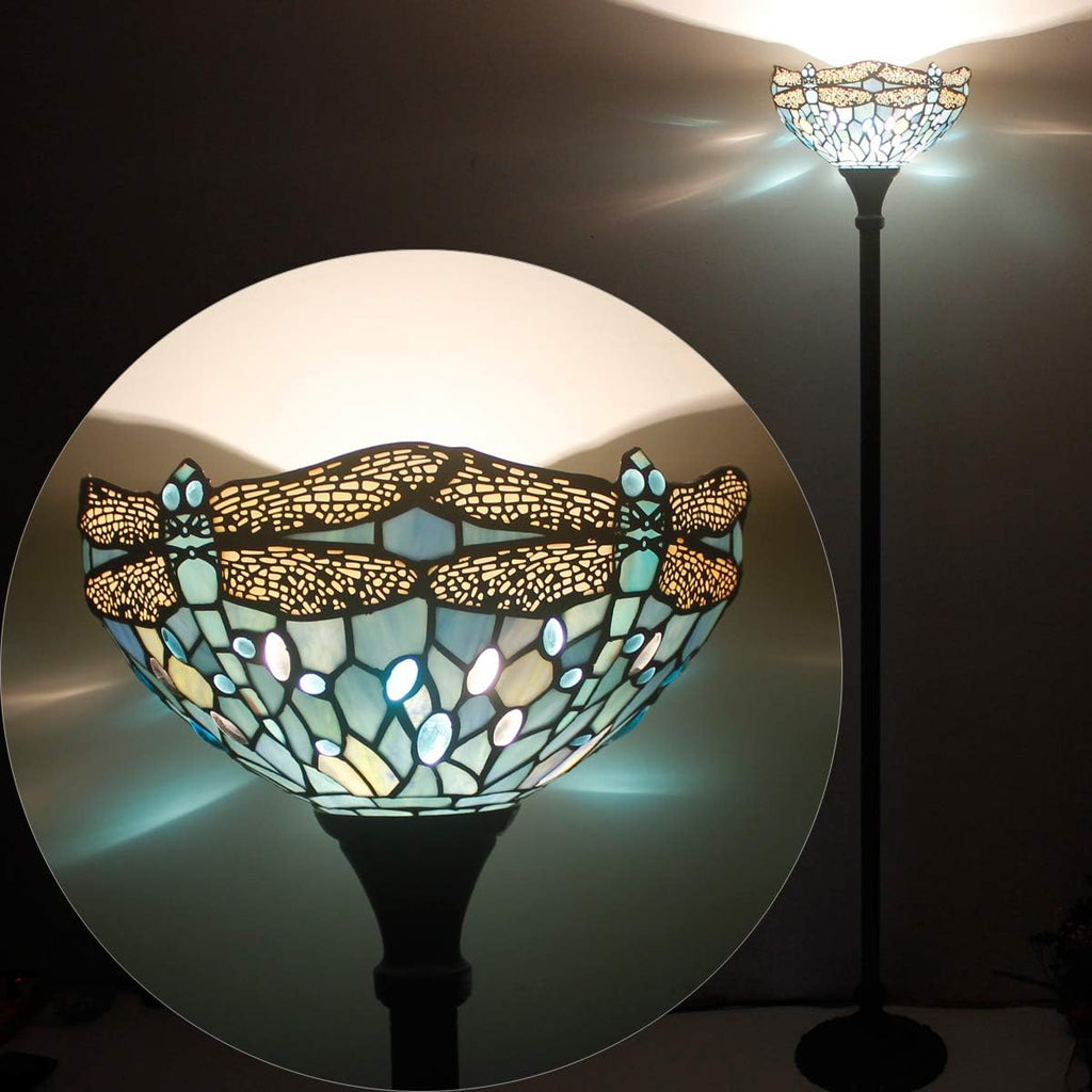 WERFACTORY Tiffany Floor Lamp Sea Blue Stained Glass Dragonfly Light 12X12X71 Inches Pole Torchiere Standing Corner Torch Uplight Decor Bedroom Living Room Home Office S147 Series