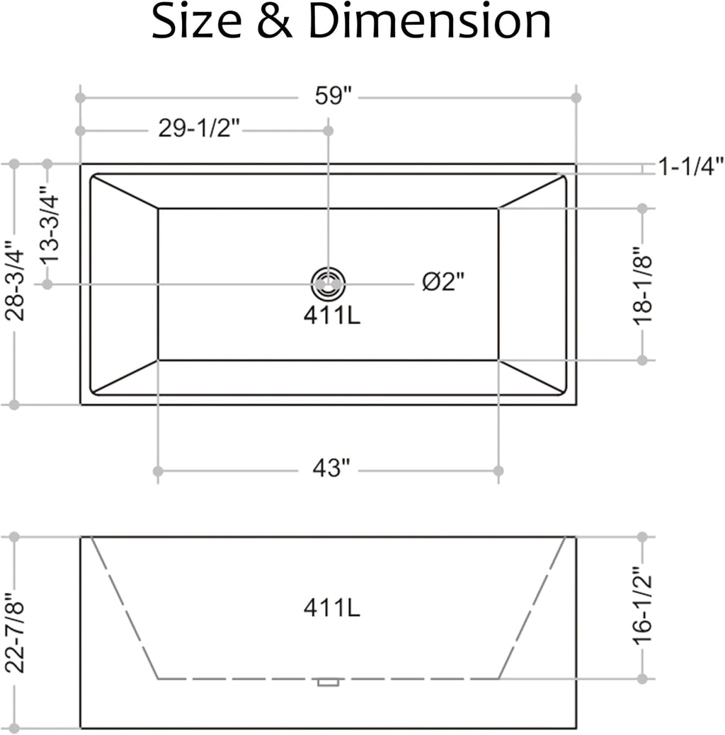 59 inch Black Freestanding Square Soaking Bathtub, Modern Stand Alone Free Standing Acrylic Tub with Center Chrome Drain & Overflow