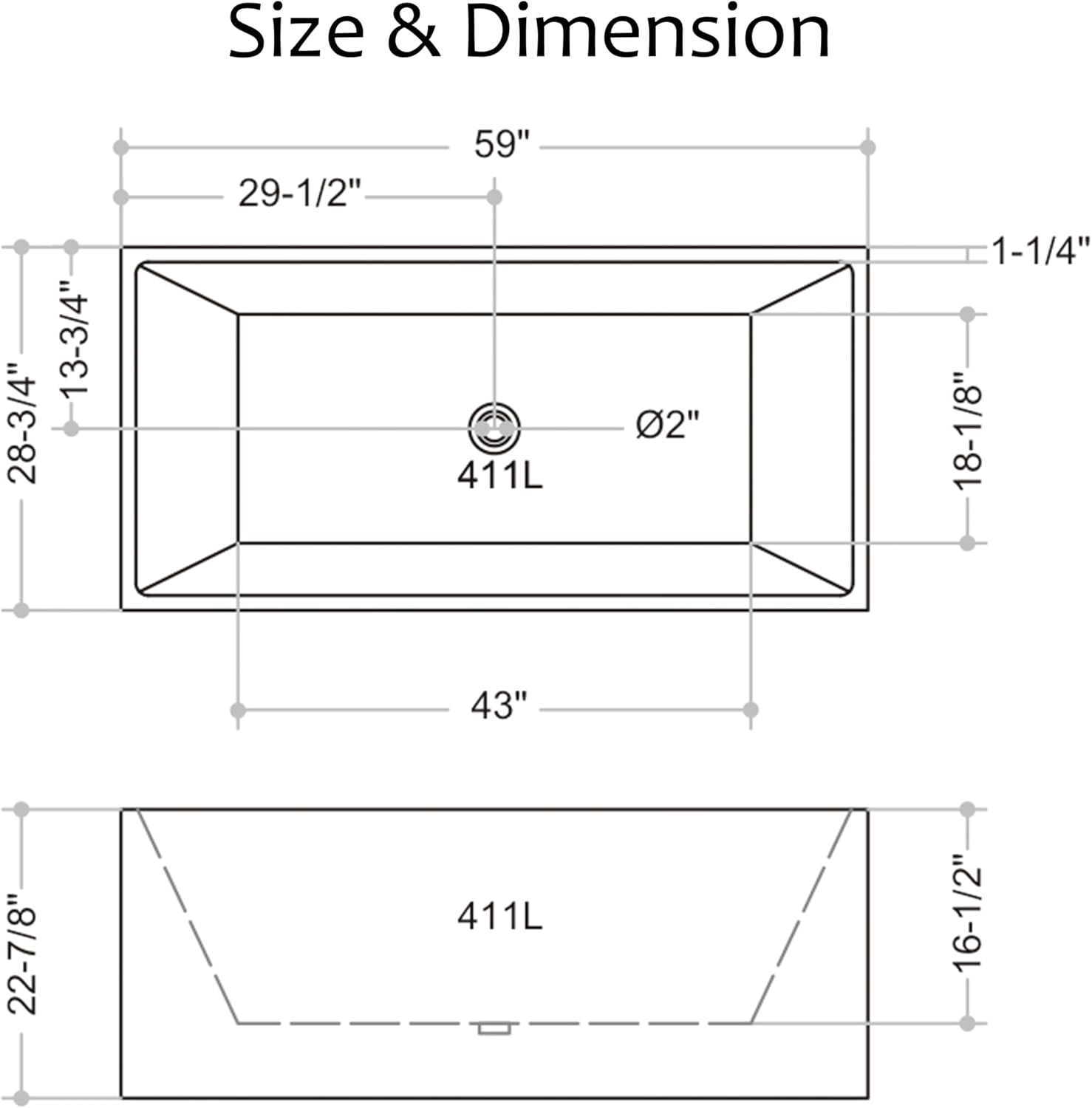 59 inch Black Freestanding Square Soaking Bathtub, Modern Stand Alone Free Standing Acrylic Tub with Center Chrome Drain & Overflow