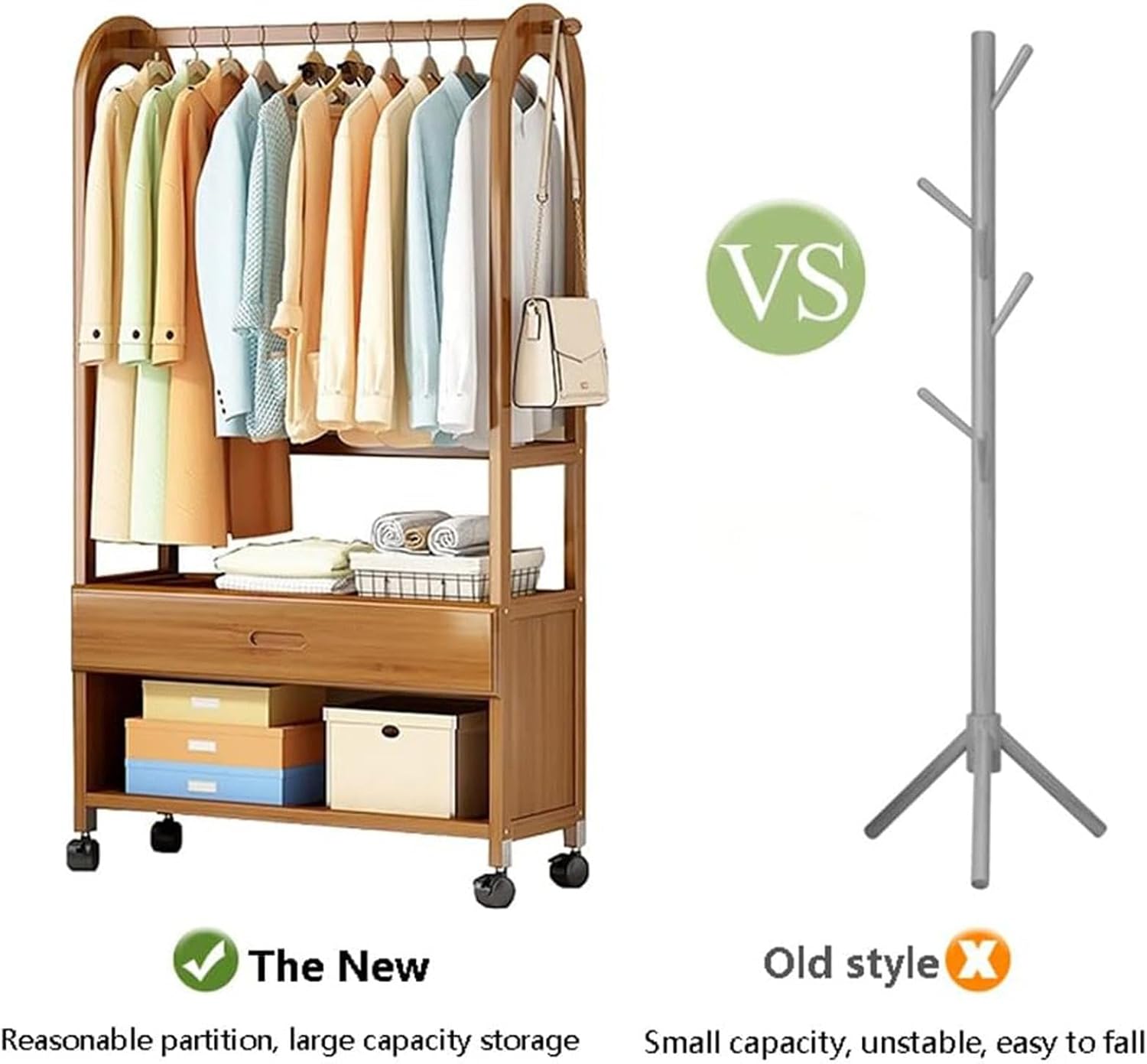Heavy Duty Bamboo Rolling Clothes Rack with Drawer & Wheels, Freestanding Garment Hanging Rack for Entryway, Living Room & Bedroom - 50cm
