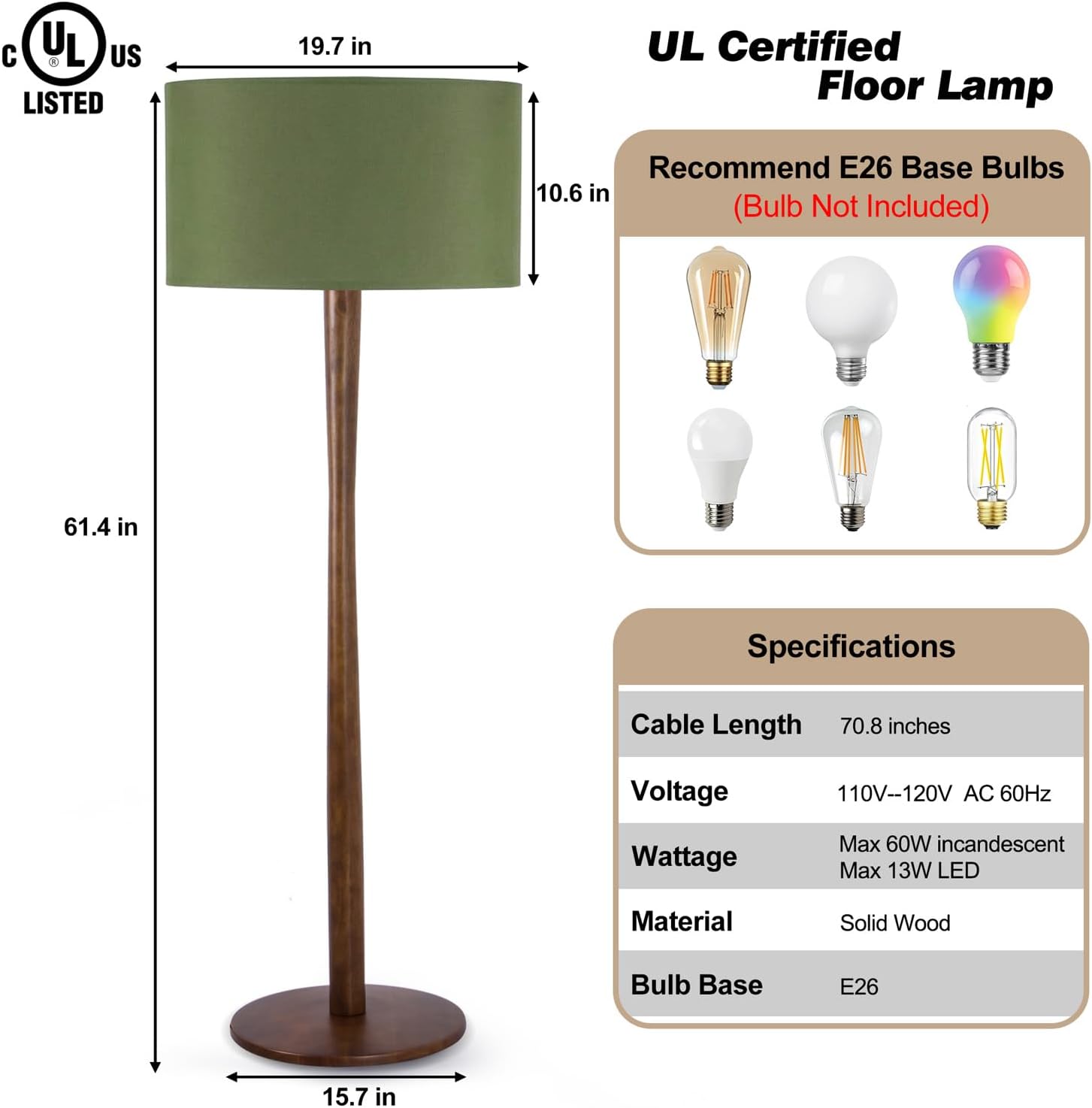 62' Tall Rustic Wood Floor Lamp for Living Room, Farmhouse Walnut Wood Floor Lamps with Linen Shade, UL Listed Standing Lamps with Wooden Base for Bedroom, Corner, Dining Room,Office, Green Shade