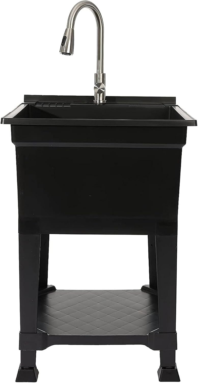 UTILITYSINKS Freestanding Utility Tub Sink with Quick Connect Drain, 24 x 24', Black - Portable and Compact Sink with Faucet for Outdoor Kitchen, Laundry Room, Garage, and Basement