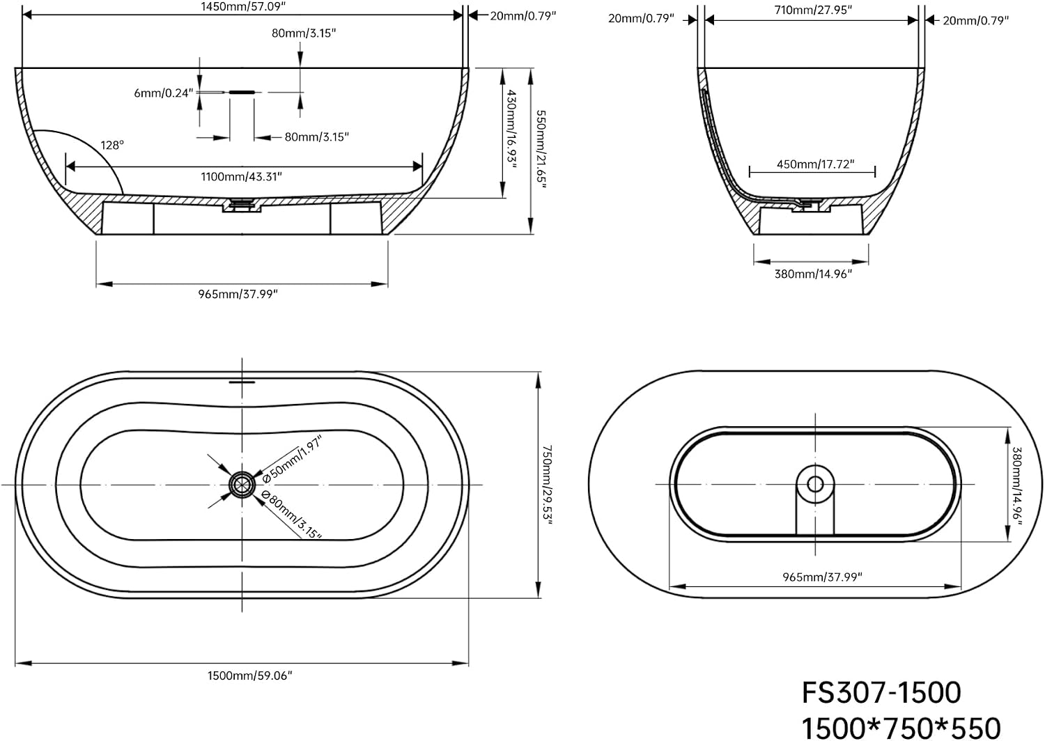 59' Premium Freestanding Stone Resin Bathtub, Oval Shape Solid Surface Grey-Coffee Soaking Tubs with Overflow and Pop-up Drain