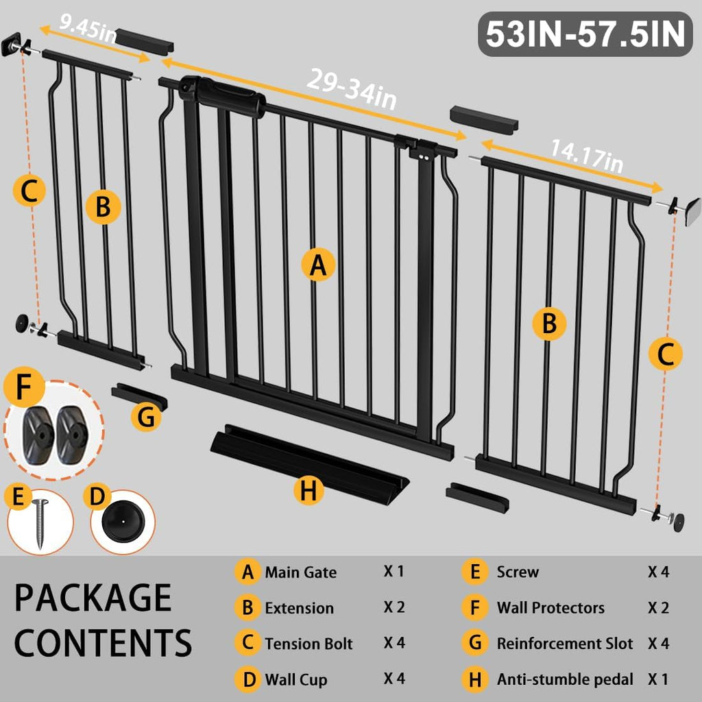 Fairy Baby Extra Wide Baby Gate Black 53-57.5 Inch Wide, Walk Through Pressure Mounted No Drill for Doorways, Long and Large Tension Gate for Pet and Kids