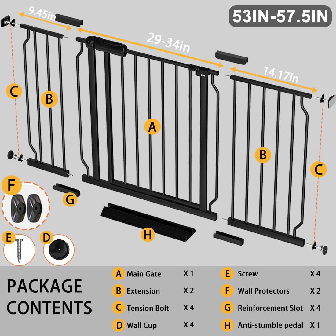 Fairy Baby Extra Wide Baby Gate Black 53-57.5 Inch Wide, Walk Through Pressure Mounted No Drill for Doorways, Long and Large Tension Gate for Pet and Kids