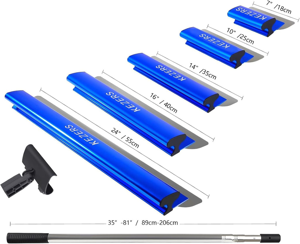 KEZERS Drywall Tool Kit 10-Piece Skimming Blade Set with Extension Handle – 5 Putty/Taping Knives (4'-12') & 5 Skimming Blades (7'-24') for Drywall, Plaster, and Compound Work