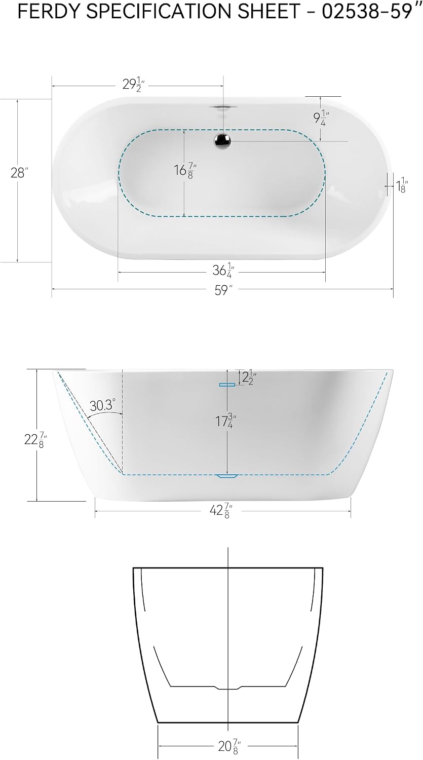 FerdY Nauru 59' Freestanding Bathtub,Gracefully Shaped Freestanding Soaking tub, Glossy White, cUPC Certified, Classic Slooted Overflow & Chrome Drain Assembly Included