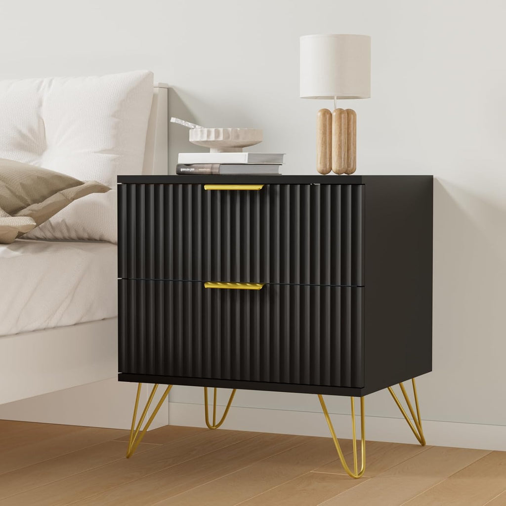 Set of 2 Black Nightstand, Modern Night Stand Bedside Table with 2 Storage Drawer, Bed Side End Table with Golden Handles and Legs for Bedroom, Black