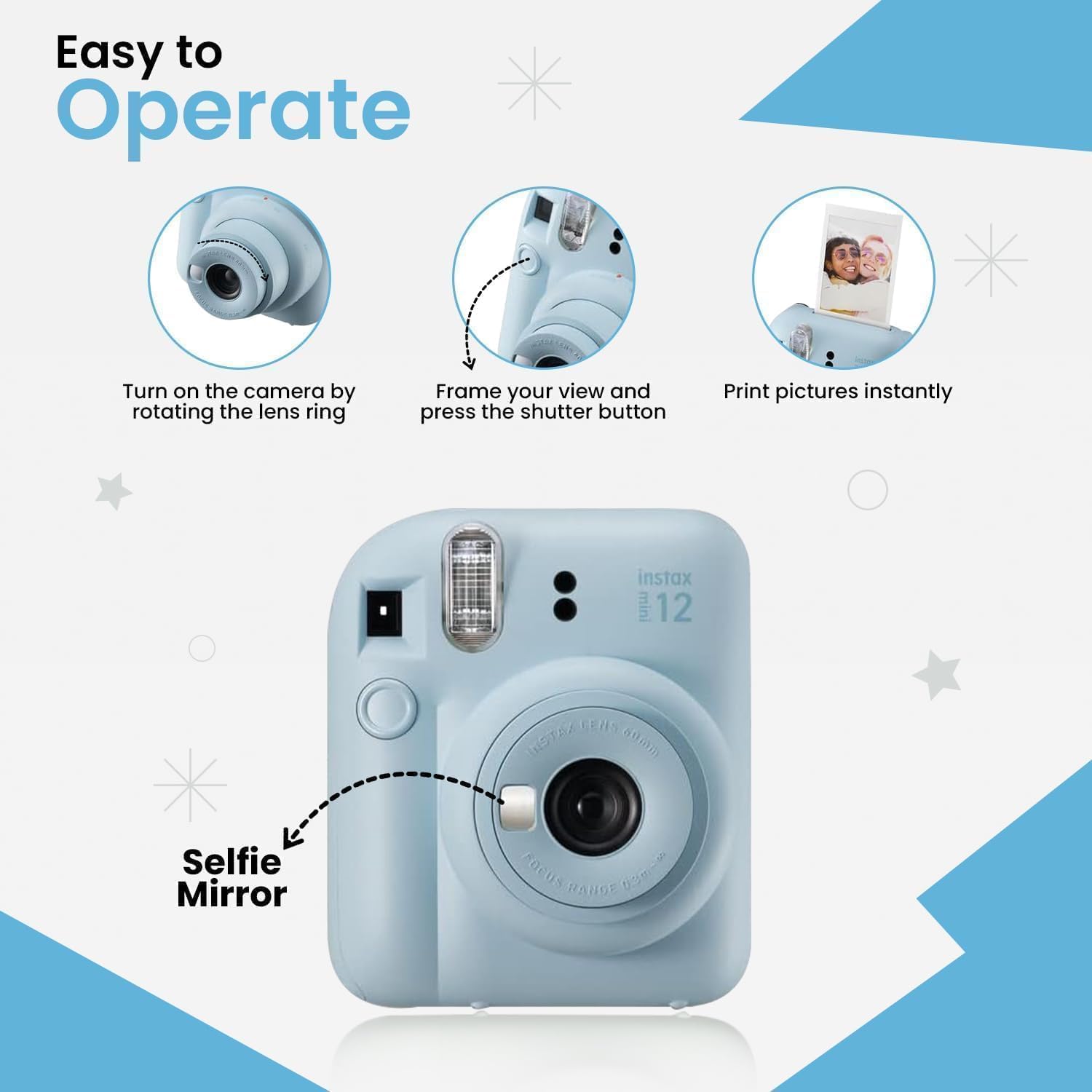 FUJIFILM INSTAX Mini 12 Holiday Bundle 2025 | with Extra Instax Mini Film + 4 Pk AA Batteries & Sunshine Photo Microfiber Cleaning Cloth (10 Items) (80 Sheets, Pastel Blue)