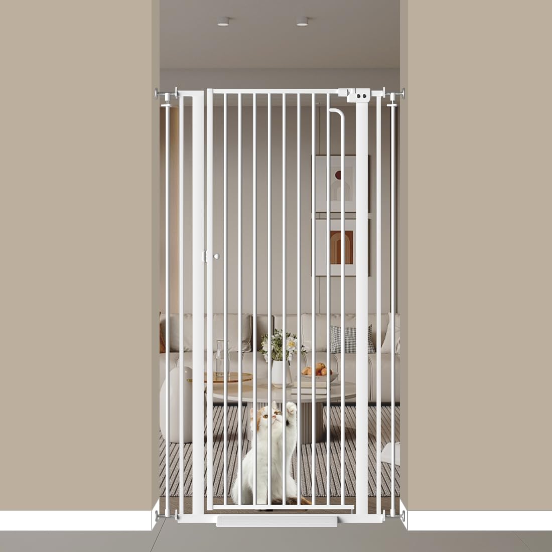 57' Extra Tall Cat Gate for Doorways, 29.5'-33.4' Tall Pet Gates for Cats Walk Through, Auto Close High Baby Gates with Door, Child Safety Gate Indoor Stairs, Cat Proof Gate for Dogs, White