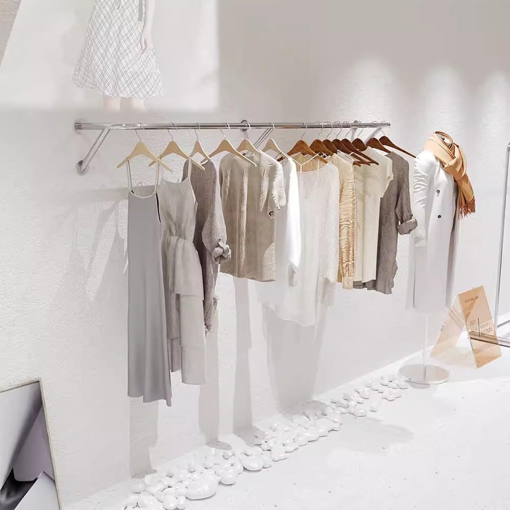Stainless Steels Clothes Hanging Bar DIY Wall-Mounted Garment Rack Heavy Duty Clothing Rack for Bedroom, Laundry Room, Closet Storage(100cm)