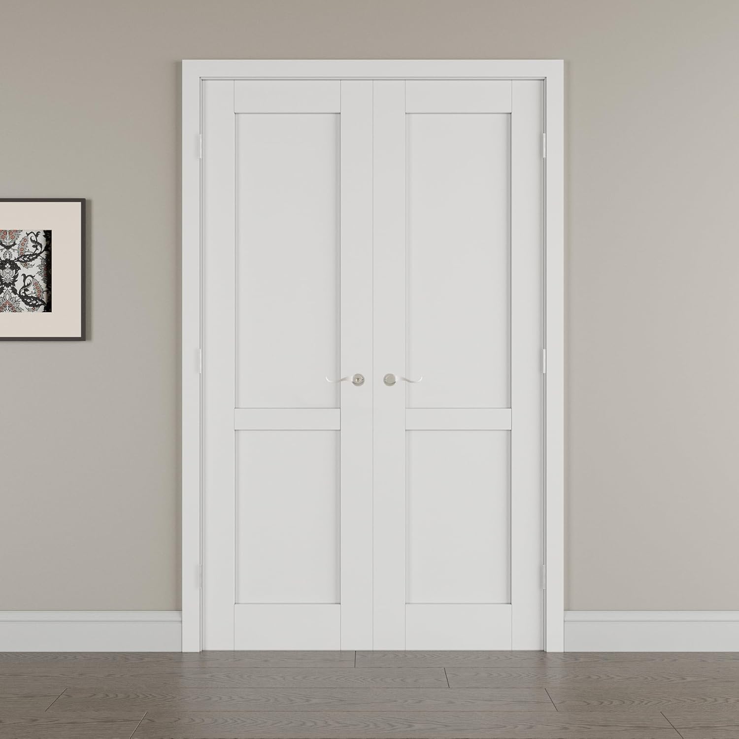 36' x 80' French Doors Interior (Double 18' x 80' 2-Lite Panel Door with Silver Hinge Prehung Jamb Kit), Pre-Finished & Paintable, Prebuilt Home Door Panels & Assembly Required Jamb