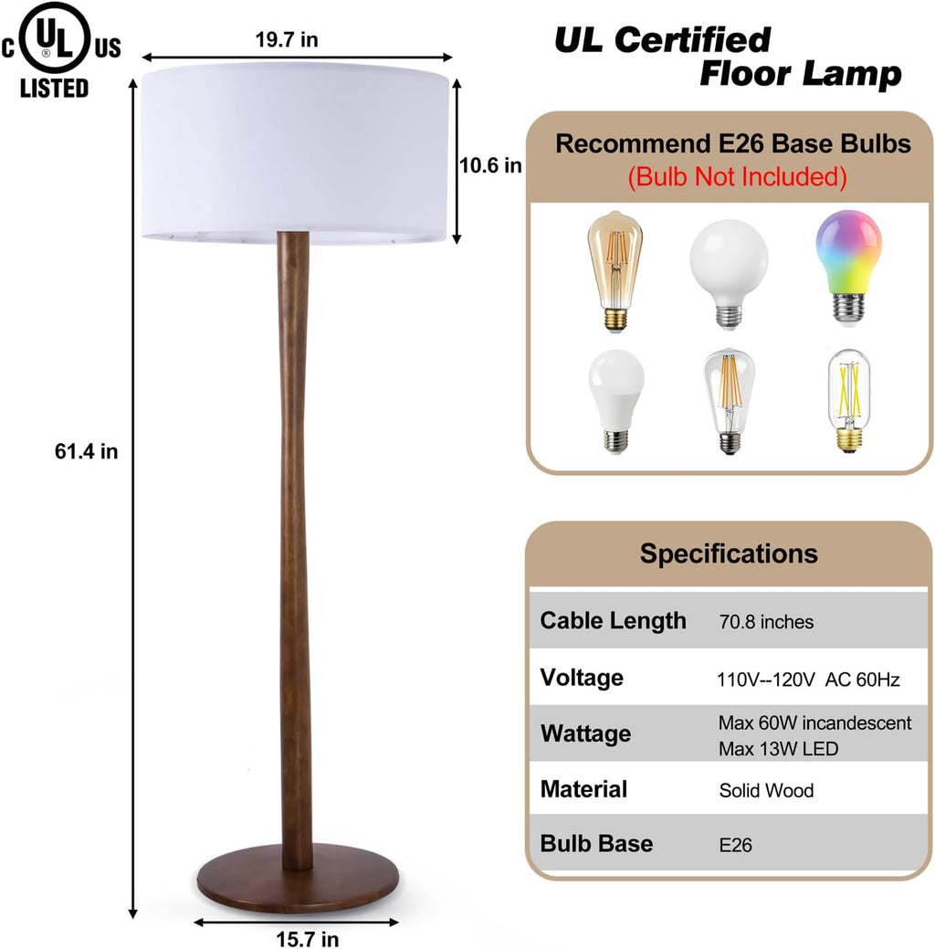 62' Tall Rustic Wood Floor Lamp for Living Room, Farmhouse Walnut Wood Floor Lamps with Linen Shade for Reading, UL Listed Stand Lamps with Woods Base for Bedroom, Corner, Office, White Shade