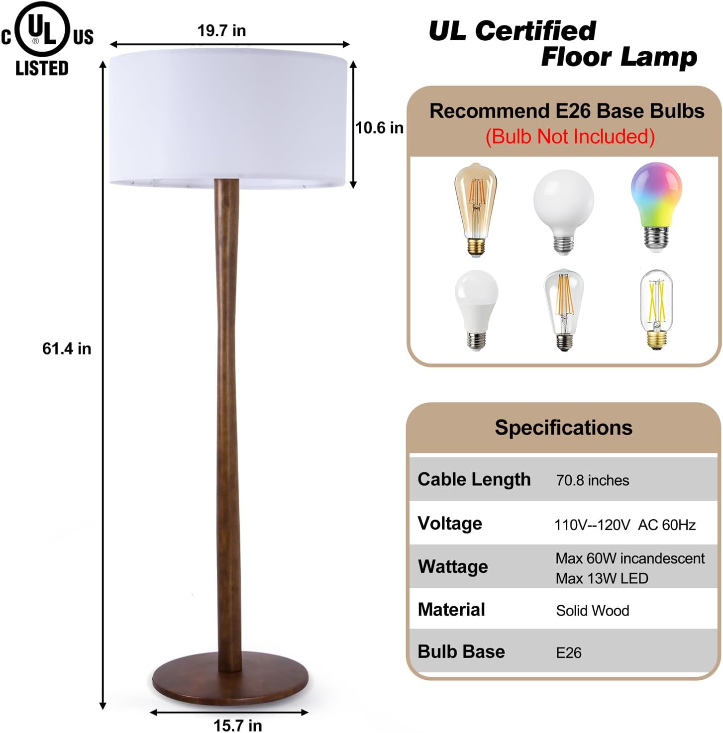 62' Tall Rustic Wood Floor Lamp for Living Room, Farmhouse Walnut Wood Floor Lamps with Linen Shade for Reading, UL Listed Stand Lamps with Woods Base for Bedroom, Corner, Office, White Shade