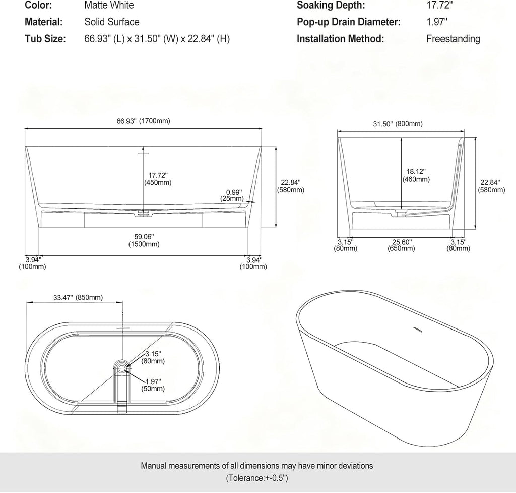 Stone Resin Freestanding Bathtubs,67'Solid Surface Matte White Modern Oval Upgrade 25mm ultra-thick edges Luxury Stand Alone Bathroom Bath Soaking Tub with Pop up Drain & Integrated Overflow