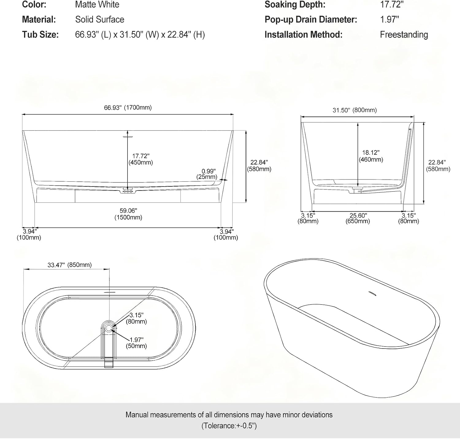 Stone Resin Freestanding Bathtubs,67'Solid Surface Matte White Modern Oval Upgrade 25mm ultra-thick edges Luxury Stand Alone Bathroom Bath Soaking Tub with Pop up Drain & Integrated Overflow