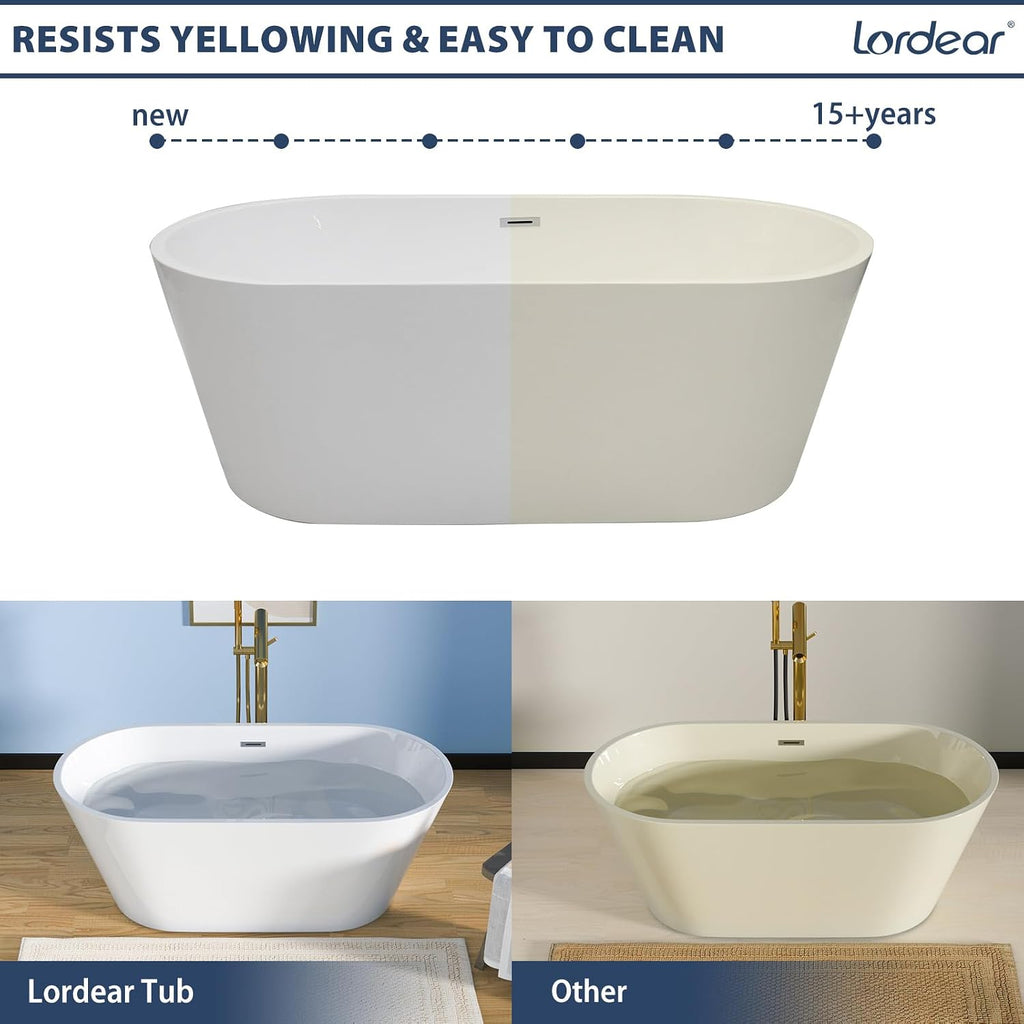 Lordear Freestanding Tub Soaking 59 Inch High Back Acrylic Stand Alone Bath Tub for Bathroom with Overflow and Drain #LTUB7109-59-C