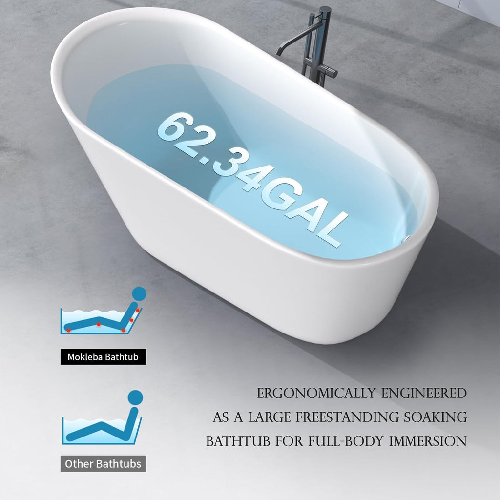 61' Acrylic Freestanding Bathtub, Single Slipper Free Standing Tub, Soaking Tub with Integrated Slotted Overflow, Toe-Tap Chrome Drain, cUPC Certified, Glossy White