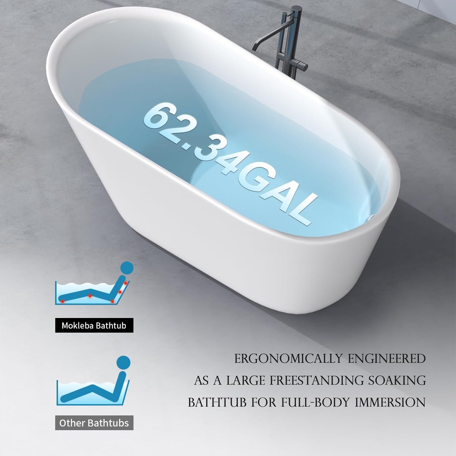 61' Acrylic Freestanding Bathtub, Single Slipper Free Standing Tub, Soaking Tub with Integrated Slotted Overflow, Toe-Tap Chrome Drain, cUPC Certified, Glossy White