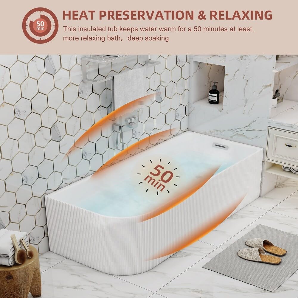 59 inch Corner Wave Style Right Drain Freestanding Soaking Bathtub, Modern Stand Alone Free Standing Acrylic Tub with Right Hand Drain & Overflow, Glossy White