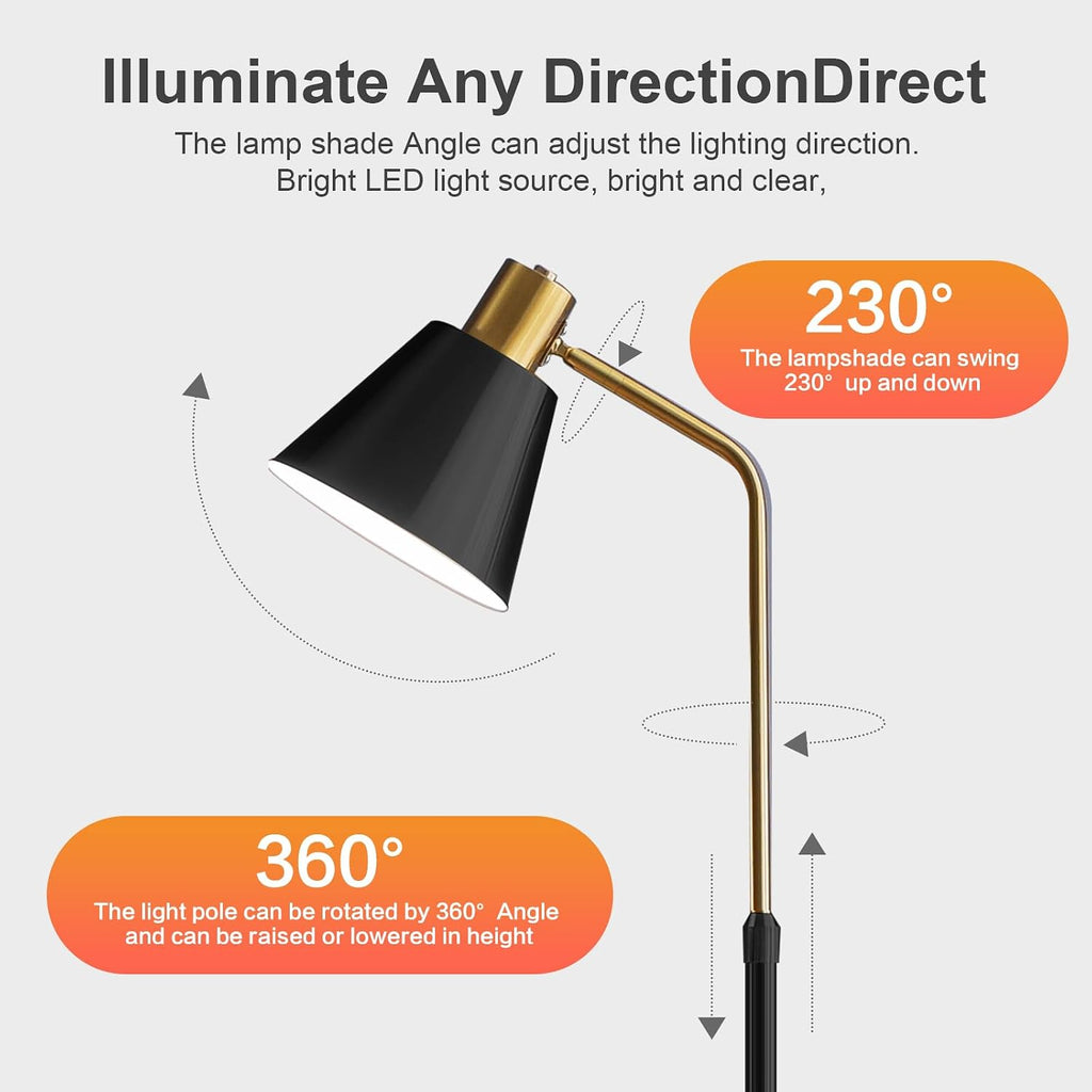 Black Floor Lamp with Walnut Side Table for Living Room Bedroom, Modern Standing Lamp 12W LED 3-Color Dimmable 3000K/4500K/6500K, Adjustable Reading Light with Shelf for Home Office Corner end