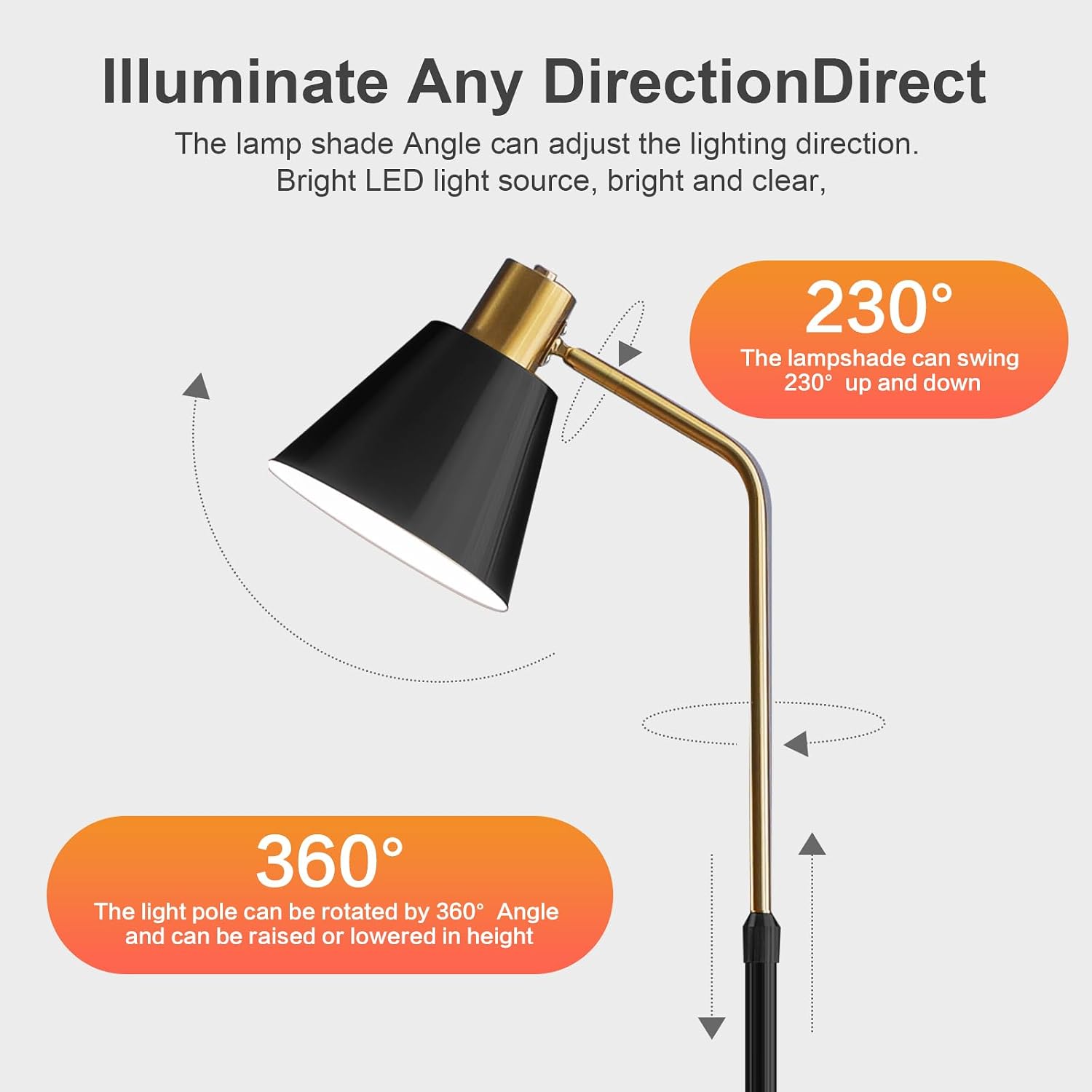 Black Floor Lamp with Walnut Side Table for Living Room Bedroom, Modern Standing Lamp 12W LED 3-Color Dimmable 3000K/4500K/6500K, Adjustable Reading Light with Shelf for Home Office Corner end