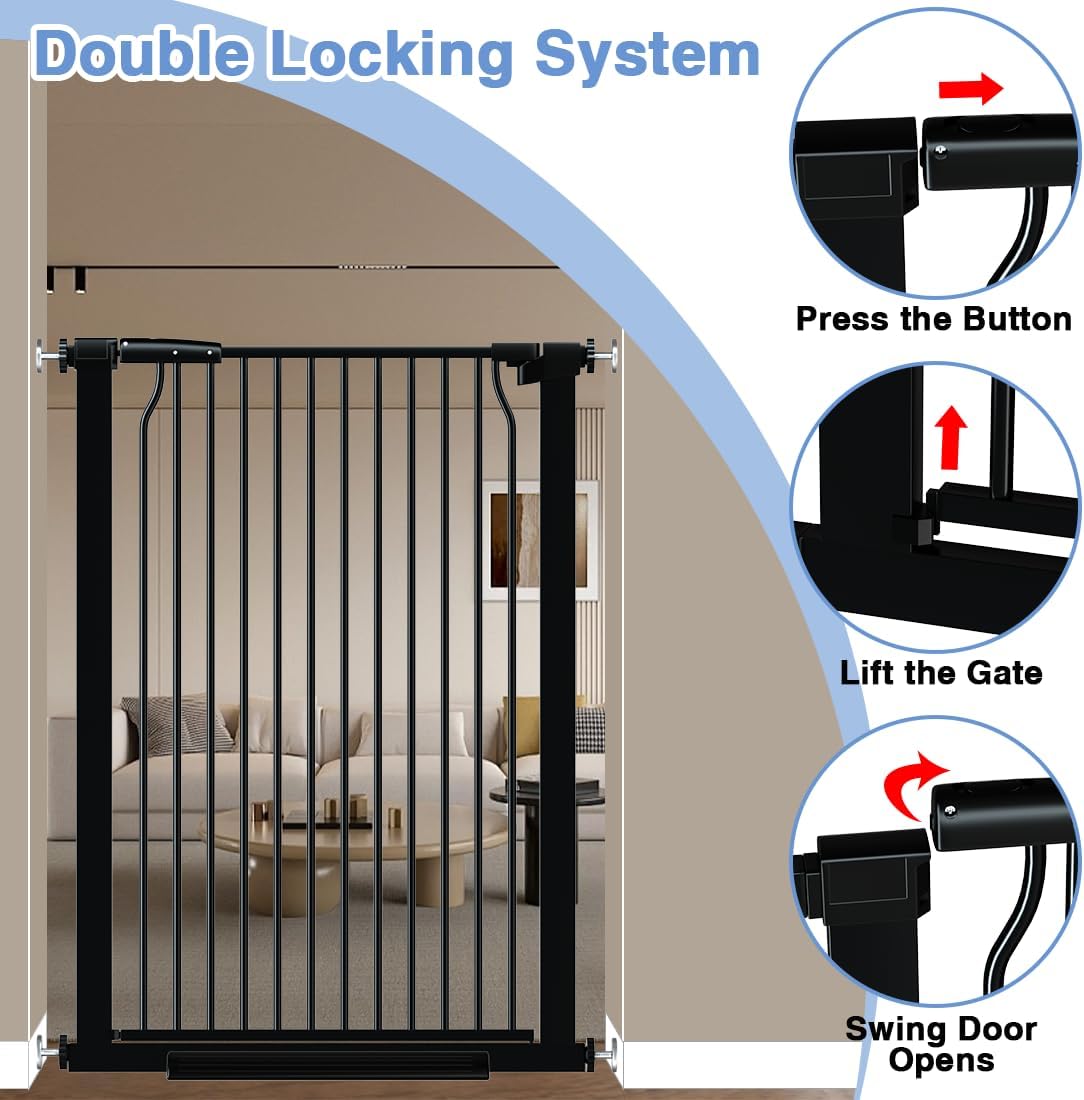 40.55' Extra Tall Baby Gate for Stairs-40.6'-54.7' Wide 1.37' Ultra Narrow Spacing Extra Wide Pet Cat Gate Dog Gate-Auto-Close Pressure Mounted Dog Door for Pets and Kids,Black