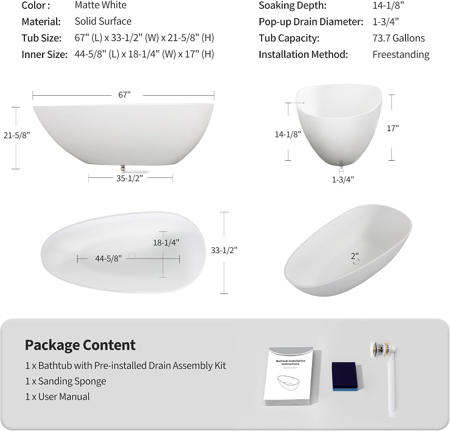 67' Freestanding Solid Bathtub, Luxury Engineered Stone Resin Freestanding Soaking Bathtub with Overflow and Pop up Drain for Bathroom, Matte White 24S02 67MW