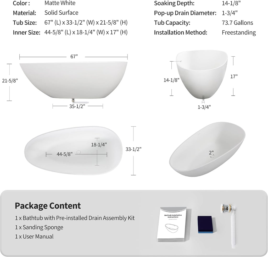 67' Freestanding Solid Bathtub, Luxury Engineered Stone Resin Freestanding Soaking Bathtub with Overflow and Pop up Drain for Bathroom, Matte White 24S02 67MW
