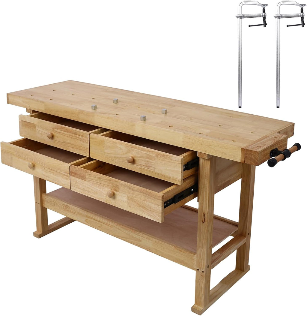 60in Workbench with 4 Drawers Wooden Workbench for Garage Workshop and Home, with Bar Clamps (2, Set 20' x 4.8' Throat)