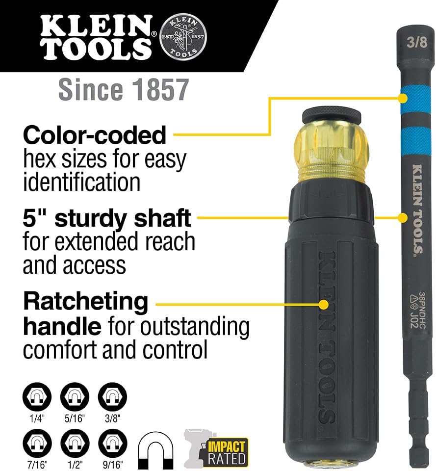 Klein Tools 10-Inch Plier Wrench and 6-Piece Hollow Magnetic Ratcheting Impact Nut Driver Set