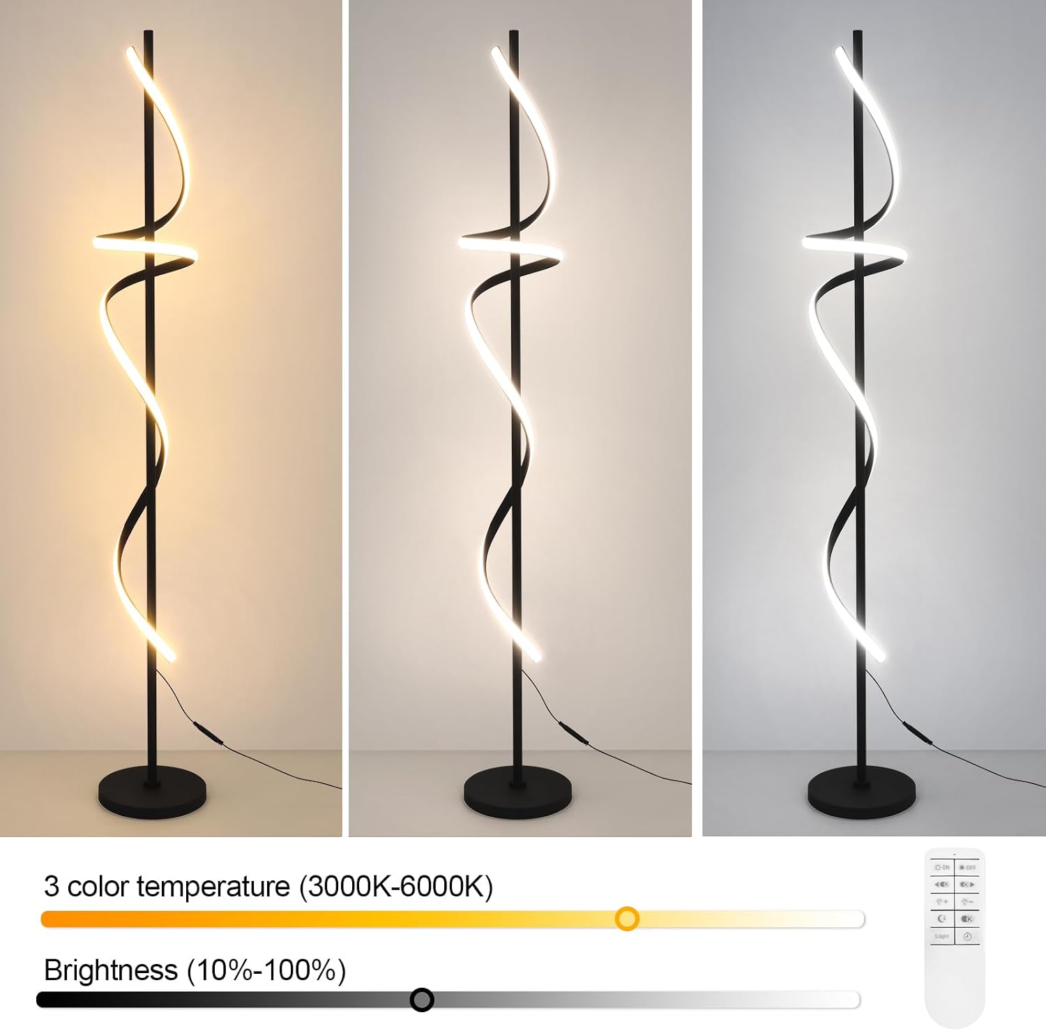 EIDISUNY Modern Spiral Floor Lamp with Remote Control, 48W LED Floor Lamps for Living Room, 3 Colors Dimmable Tall Standing Lamp for Living Room, 60'' Modern Floor lamp for Bedroom Black