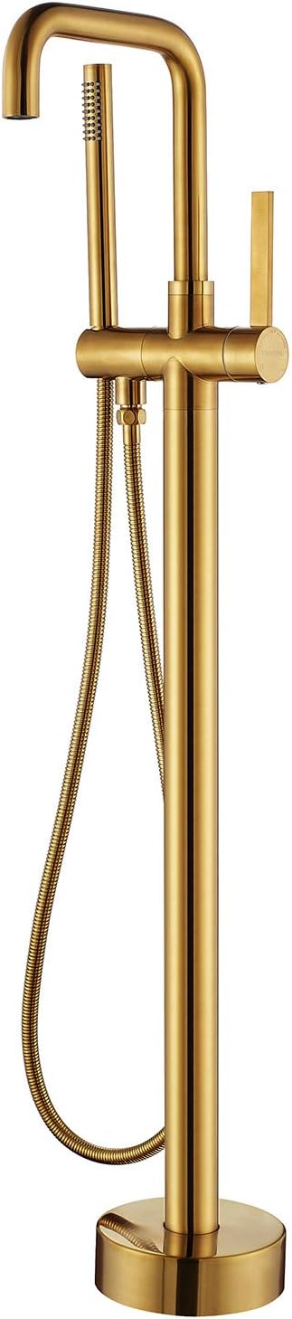 Vinnova Delara Freestanding Chrome Tub Faucet with Handheld Shower Bathroom Tub Filler, Floor Mounted, Brushed Gold Finish