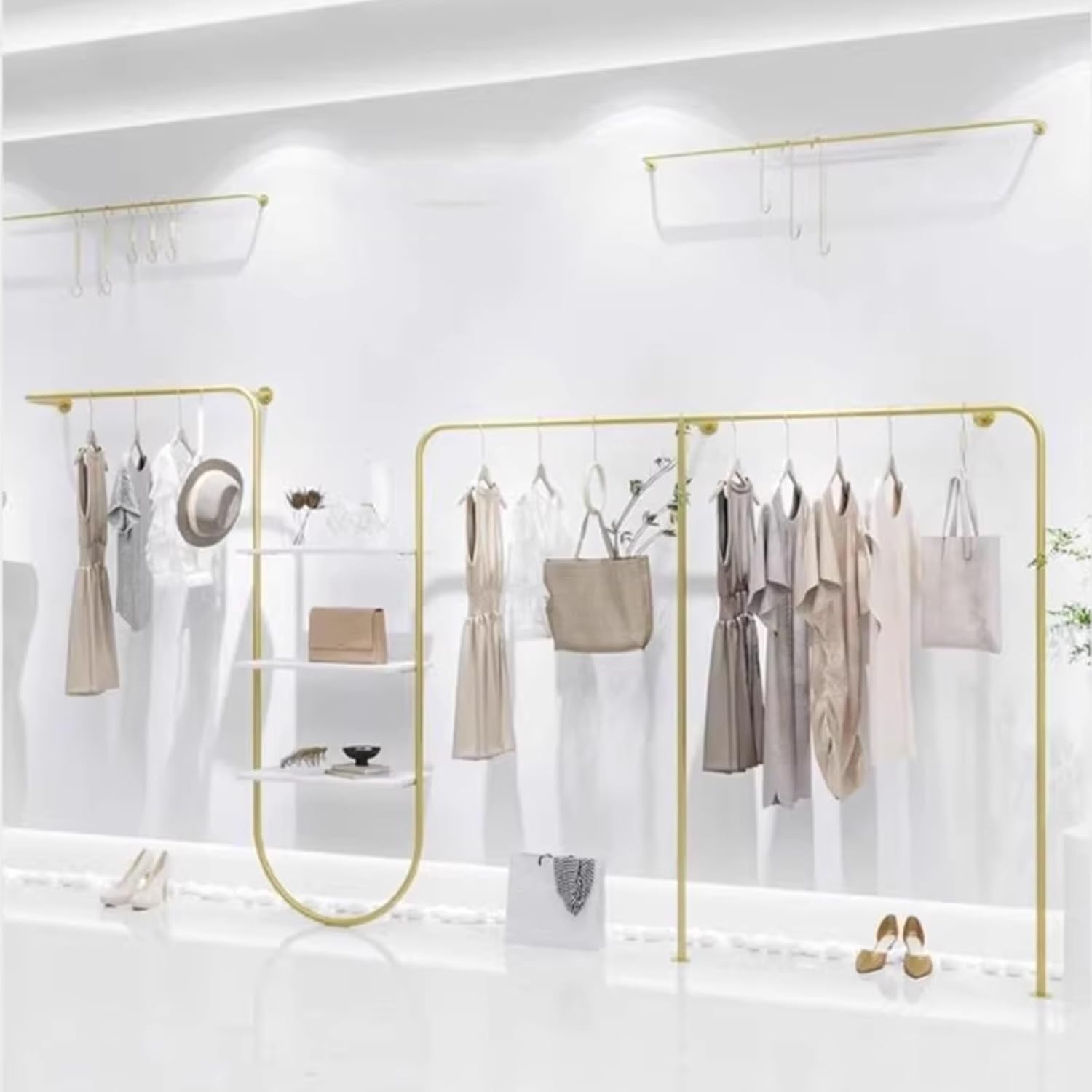 Wall Mounted Clothes Rack with Shelves, Heavy Duty Rods Retail Store Clothing Garment Rack, Storage Clothes Shoe Bag Pipe Shelf, Clothing Store Display Stands Garmen,