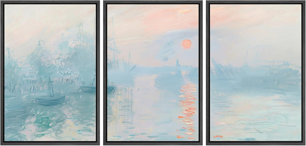 wall26 Framed Canvas Print Wall Art Set Impression, Sunrise Claude Monet Inspired Seascape Illustrations Modern Art Decorative Floral Botanical Minimal for Bedroom - 24'x36'x3 Black