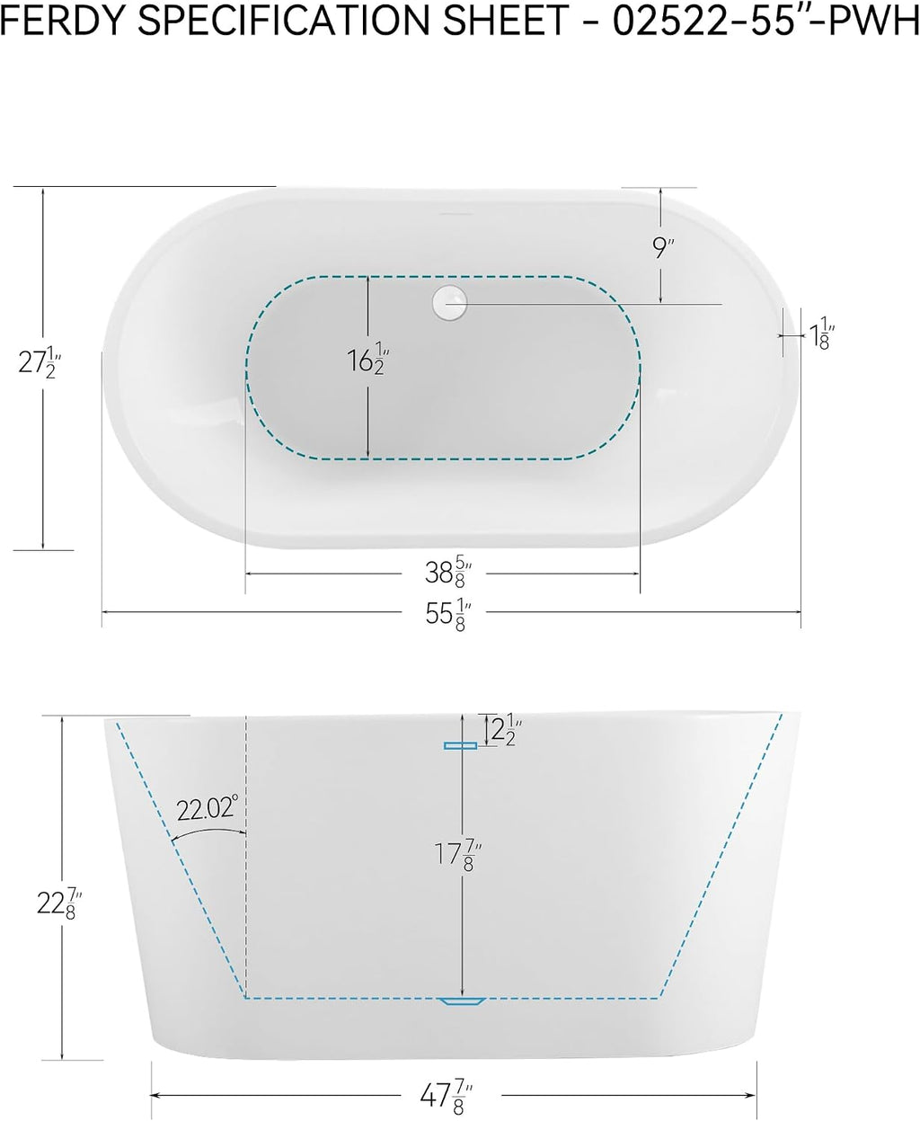 FerdY Shangri-La 55' Acrylic Freestanding Bathtub, Ergonomic Lightweight Classic Oval Soaking Bathtub with Polished White Drain, Minimalist Linear Design Overflow, Modern White